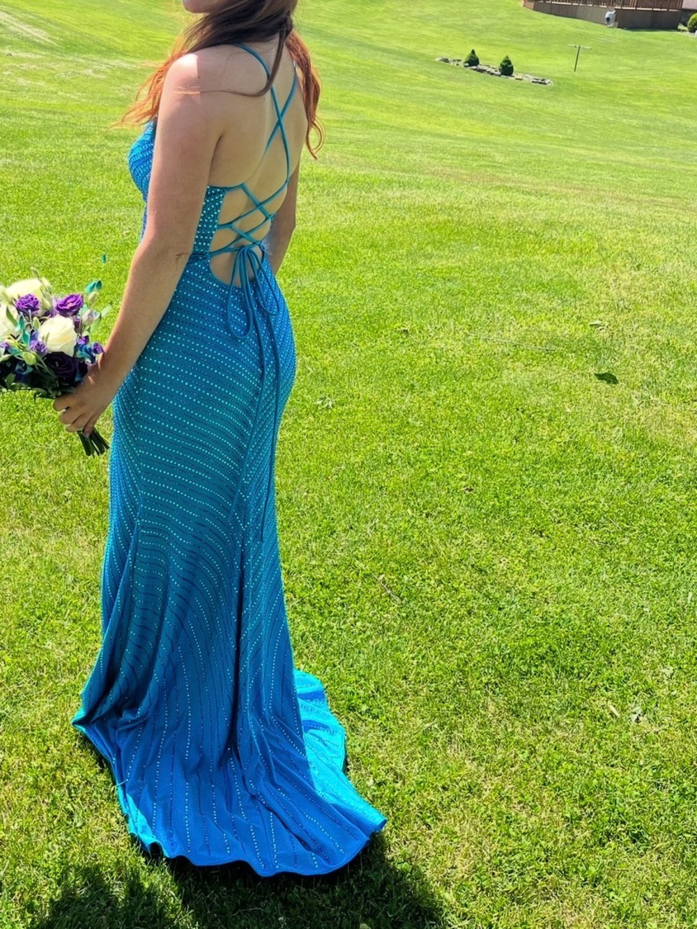 Faviana Teal Blue Beaded Lace-Up Back Prom Gown